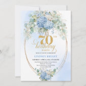 Chic 70th Birthday Blue Floral Eucalyptus Invites 招待状 (正面)