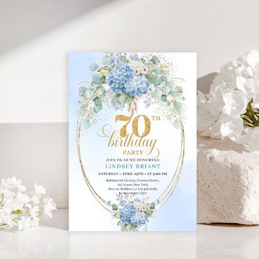 Chic 70th Birthday Blue Floral Eucalyptus Invites 招待状