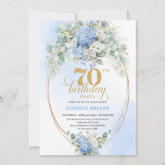 Chic 70th Birthday Pastel Blue Hydrangea Invites 招待状 (正面)