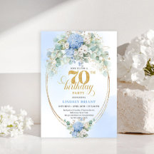 Chic 70th Birthday Pastel Blue Hydrangea Invites