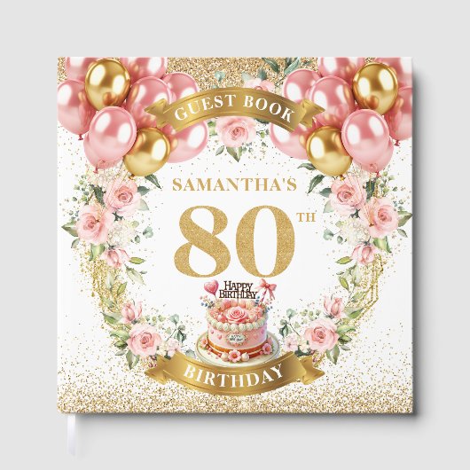 Chic 80th Birthday Guest Book Blush Glitter Design ゲストブック (正面)