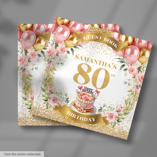 Chic 80th Birthday Guest Book Blush Glitter Design ゲストブック