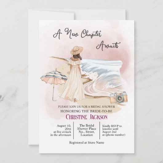 Chic 'A New Chapter Awaits' QR Code Bridal Shower 招待状 (正面)