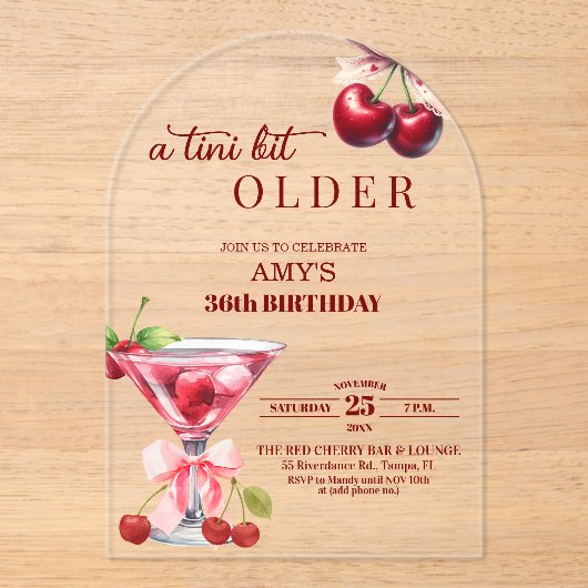 Chic A Tini Bit Older Cherry Martini 36th Birthday アクリル招待状 (正面)