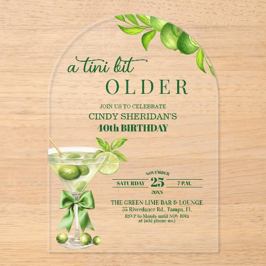 Chic A Tini Bit Older Lime Martini 40th Birthday アクリル招待状 (正面)
