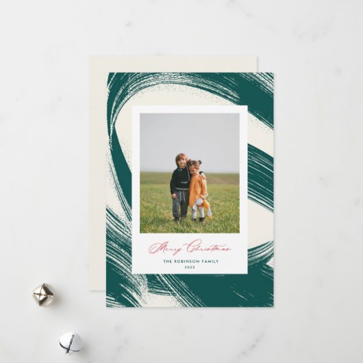 Chic Abstract Painted Green Christmas Photo Card シーズンカード (正面/裏面インサイチュ)