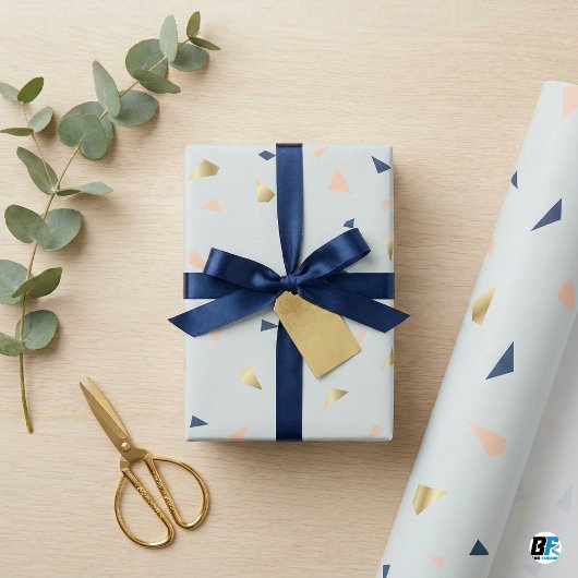 Chic Abstract Terrazzo Faux Gold Foil & Navy Blue  ラッピングペーパー