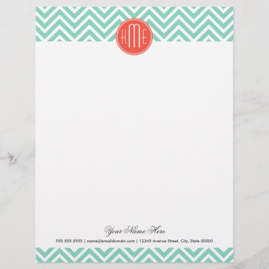 Chic Aqua Green Chevronとオレンジカスタムモノグラム レターヘッド (正面)
