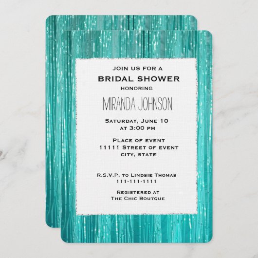 Chic Aqua Mint Tinsel Stripes Bridal Shower 招待状 (正面/裏面)