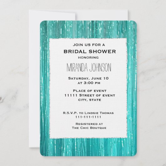 Chic Aqua Mint Tinsel Stripes Bridal Shower 招待状 (正面)