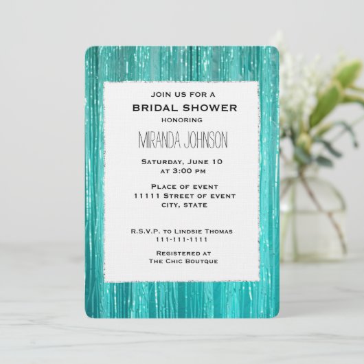 Chic Aqua Mint Tinsel Stripes Bridal Shower 招待状 (スタンド正面)