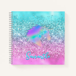 Chic Aqua Pink Unicorn Glitter glam monogram ノートブック