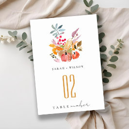 Chic Autumn Harvest Pumpkin Watercolor Wedding テーブルナンバー