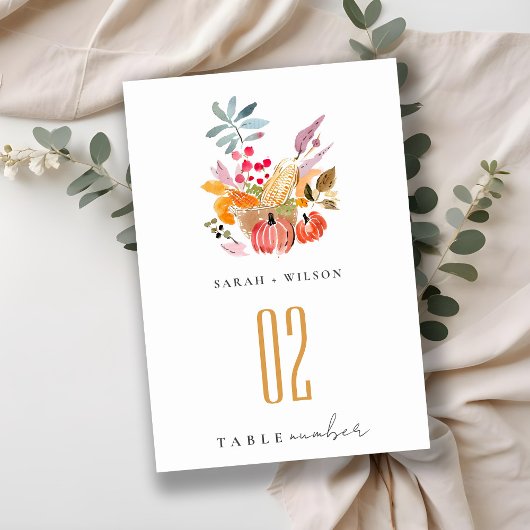Chic Autumn Harvest Pumpkin Watercolor Wedding テーブルナンバー