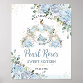 Chic Baby Blue Roses Princess Carriage Sweet 16 ポスター