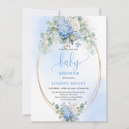Chic Baby Shower Invitation Blue Hydrangeas Gold 招待状 (正面)