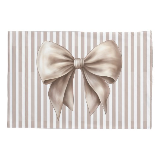 Chic Beige Bow Vertical Stripes Accent Pillowcase 枕カバー (裏面)