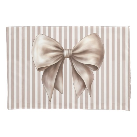 Chic Beige Bow Vertical Stripes Accent Pillowcase 枕カバー (正面)