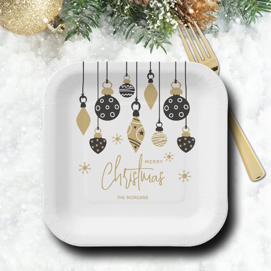 Chic Black and Gold Christmas Ornaments ペーパープレート