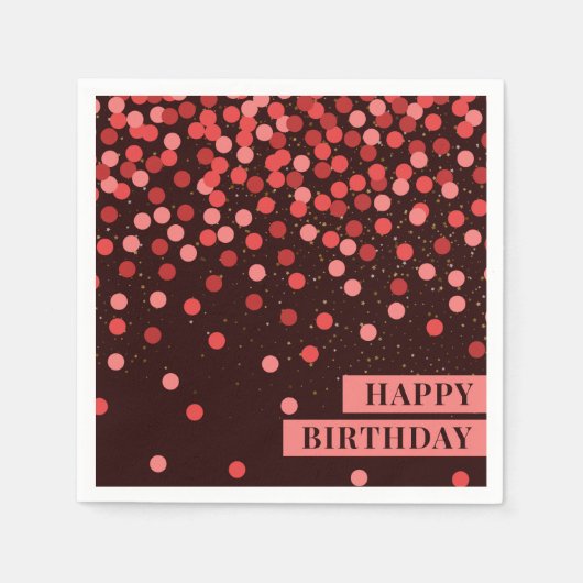 Chic Black and Red Confetti Happy Birthday Napkins スタンダードカクテルナプキン (正面)