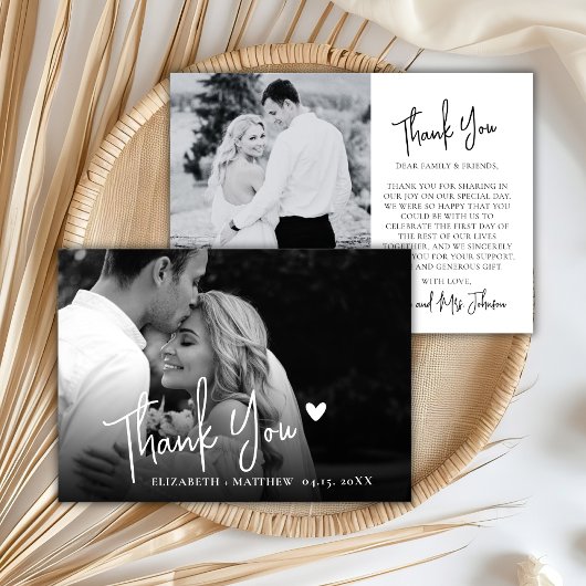 Chic Black and White 2 Photo Script Wedding  サンキューカード