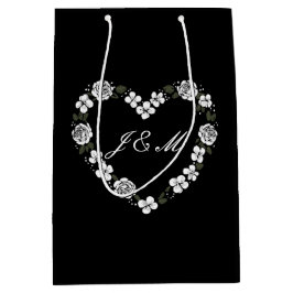 Chic Black and White Floral Wedding Gift Bag ミディアムペーパーバッグ