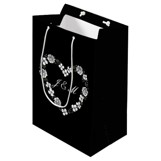 Chic Black and White Floral Wedding Gift Bag ミディアムペーパーバッグ (正面アングル)