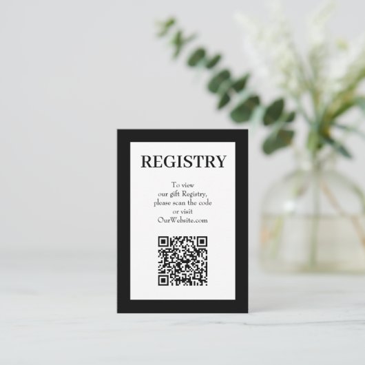 Chic Black and White Wedding Registry QR Code エンクロージャーカード (スタンド正面)