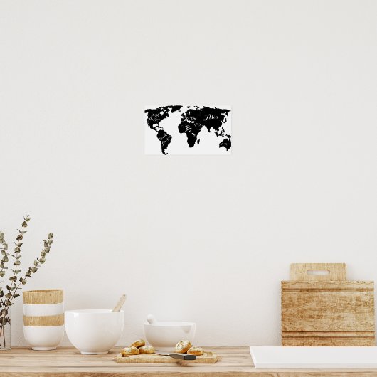 Chic black and white world map globe hipster print ポスター (キッチン)