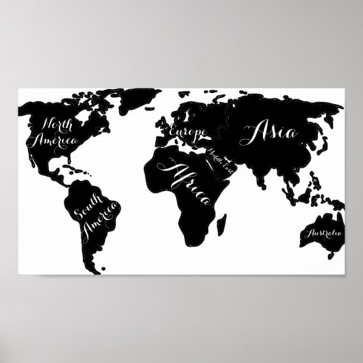 Chic black and white world map globe hipster print ポスター (正面)