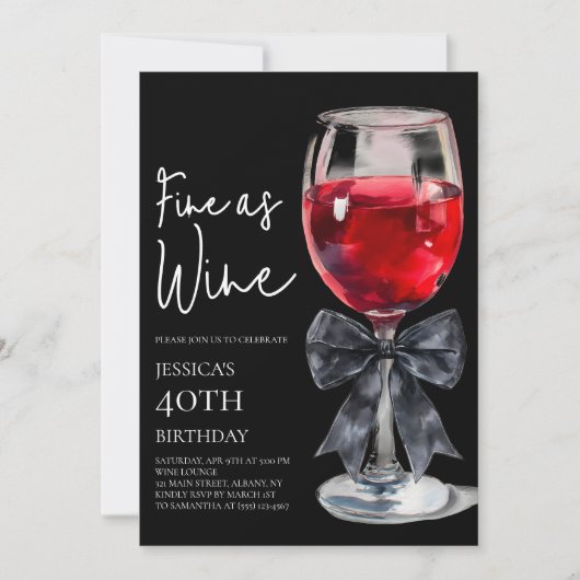 Chic Black Bow Fine as Wine 40th Birthday Party 招待状 (正面)