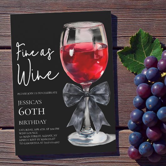 Chic Black Bow Fine as Wine 60th Birthday Party 招待状