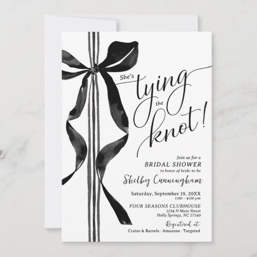 Chic Black Bow She's Tying The Knot Bridal Shower 招待状 (正面)