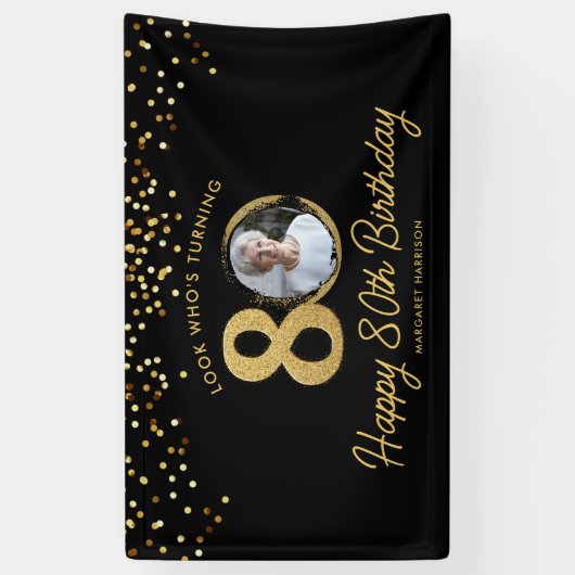 Chic Black Gold 80th Birthday Party Custom Photo 横断幕 (縦)