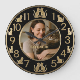 Chic Black & Gold Cat Lover's Wall Clock ラージ壁時計