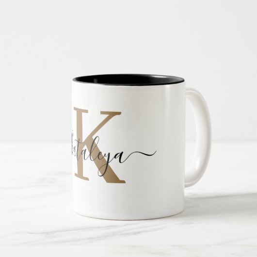 Chic Black Gold Monogram Elegant Script Name Mug ツートーンマグカップ (正面右)