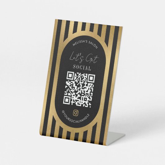 Chic Black & Gold Stripes Social Media QR Code 台座サイン (正面)