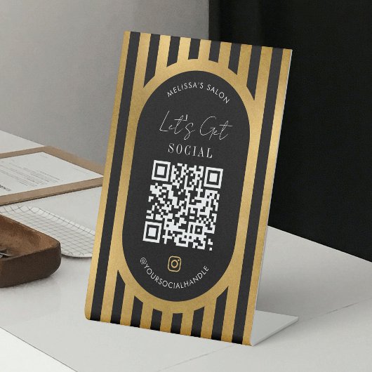 Chic Black & Gold Stripes Social Media QR Code 台座サイン