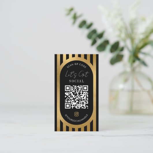 Chic Black & Gold Stripes Social Media QR Code 名刺 (スタンド正面)