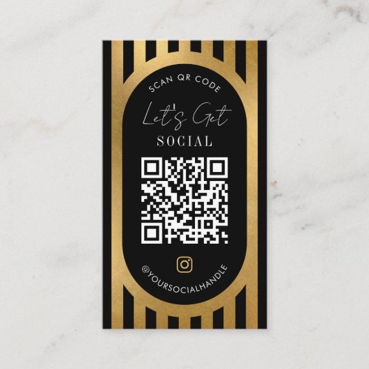 Chic Black & Gold Stripes Social Media QR Code 名刺 (正面)