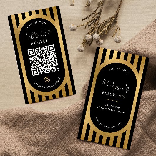 Chic Black & Gold Stripes Social Media QR Code 名刺