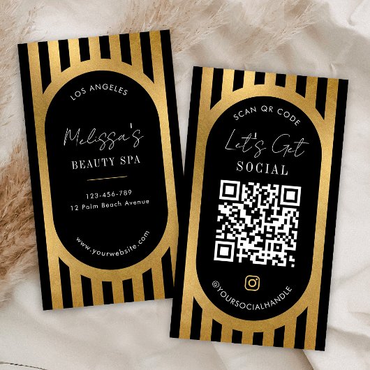 Chic Black & Gold Stripes Social Media QR Code 名刺
