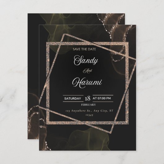 Chic Black & Gold Wedding Stylish Invitation (正面/裏面)