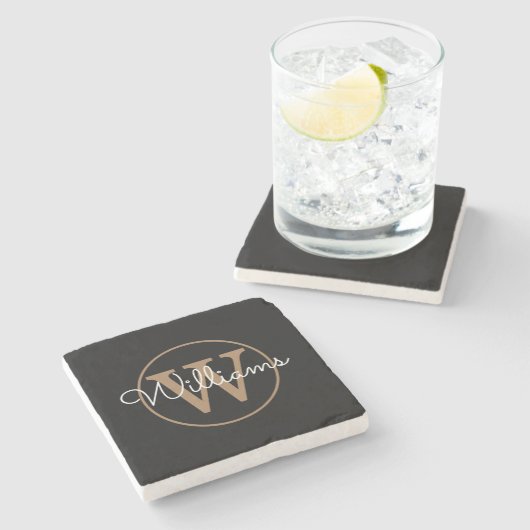 Chic Black Monogram Script Name Stone Coaster ストーンコースター (横)