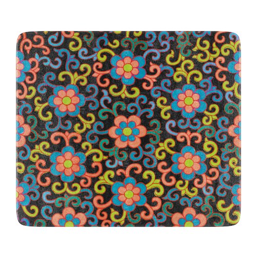 Chic Black Pattern with Colorful Floral  カッティングボード (正面)
