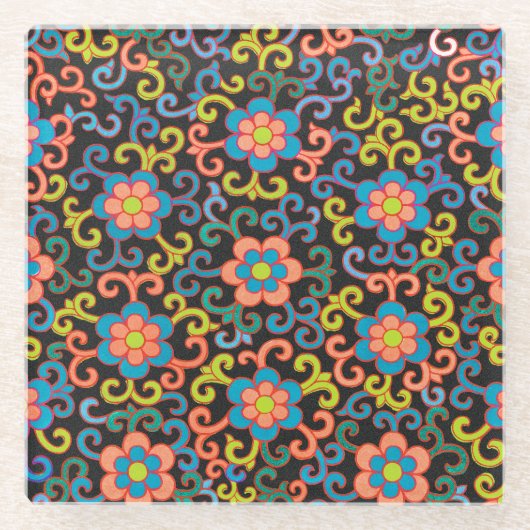 Chic Black Pattern with Colorful Floral  ガラスコースター (正面)