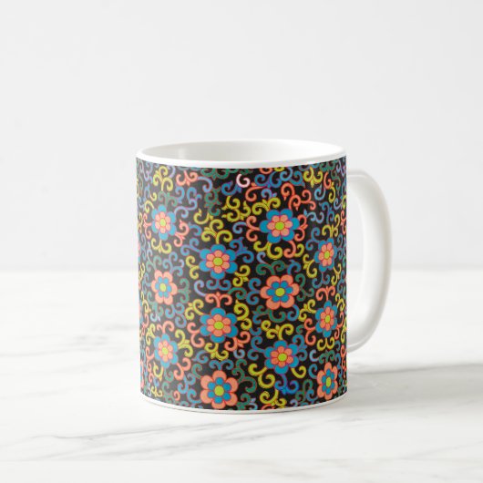 Chic Black Pattern with Colorful Floral  コーヒーマグカップ (正面右)