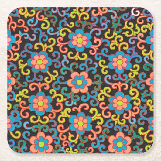 Chic Black Pattern with Colorful Floral  スクエアペーパーコースター (正面)