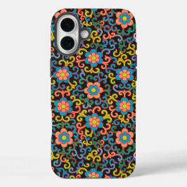 Chic Black Pattern with Colorful Floral  iPhone 16 Plusケース