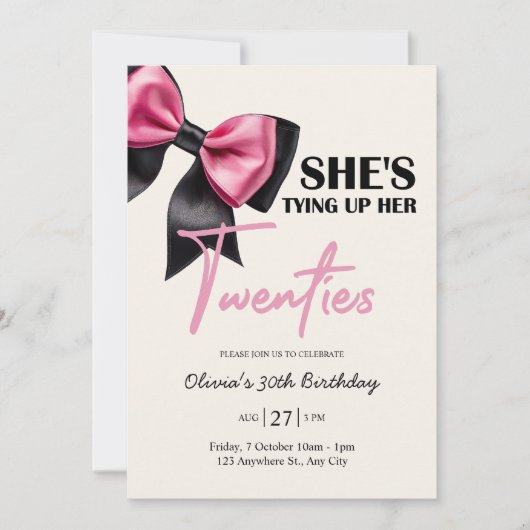 Chic Black & Pink Bow 30th Birthday Invitation 招待状 (正面)